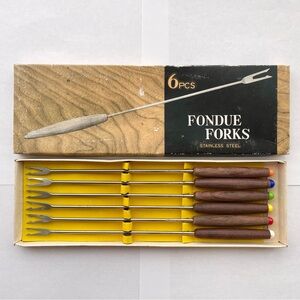 Vintage MCM Teak Wood and Stainless Steel Japan Set of 6 Fondue Forks with Box